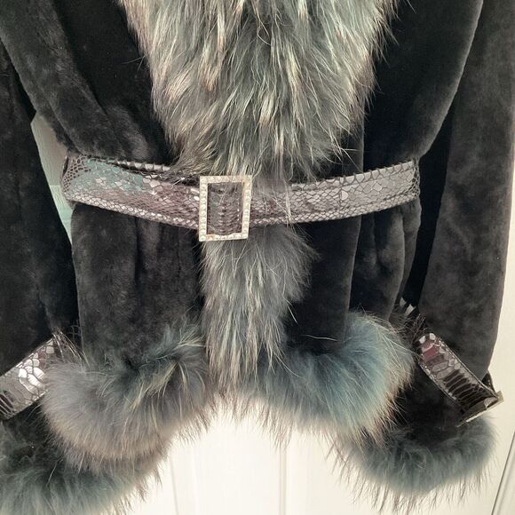 NEW Rosleen BLUE FUR COAT LEATHER BELT ACCENTS FULLY LINED ZIP SIZE 18 - Picture 3 of 15